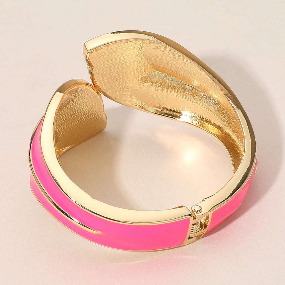 Abstract Enamel Leaf Statement Hinged Bangle Bracelet Hinged Closure Fuchsia