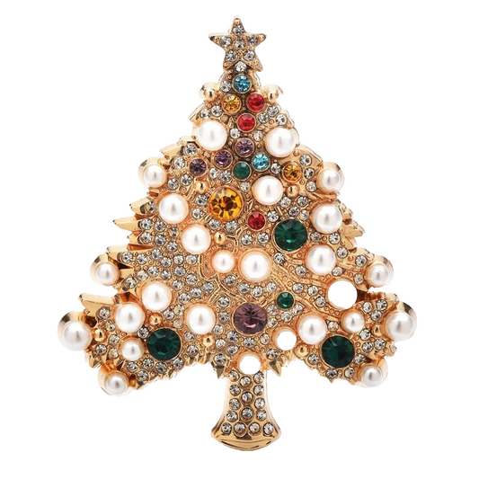 Vintage Style Gold Tone Christmas Tree Brooch Pin Multi-Color Rhinestone Pearl