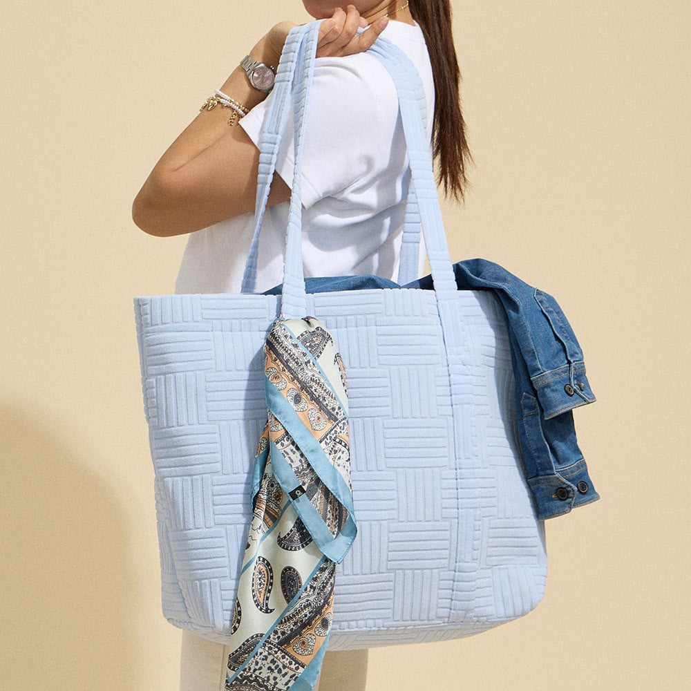 Womens Grid Pattern Everyday Tote Bag Light Blue 100% Polyester Double Handles