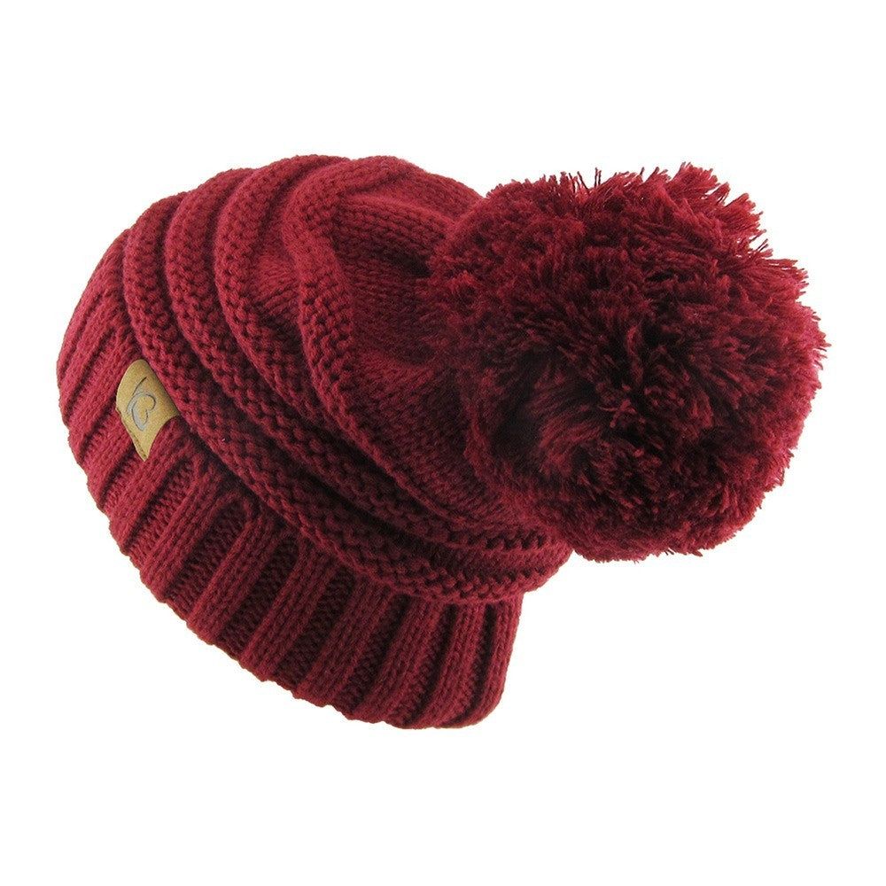 2PCS Black Maroon Slouchy Beanie Hat Set Cable Knit Pom Pom Winter Cap Women