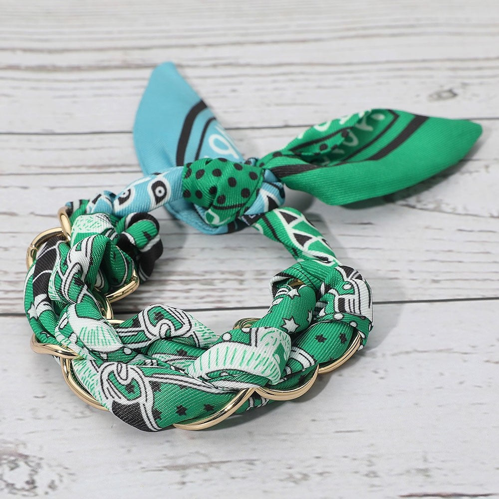 Boho Green Patterned Scarf Gold Chain Link Wrap Bracelet Necklace Statement
