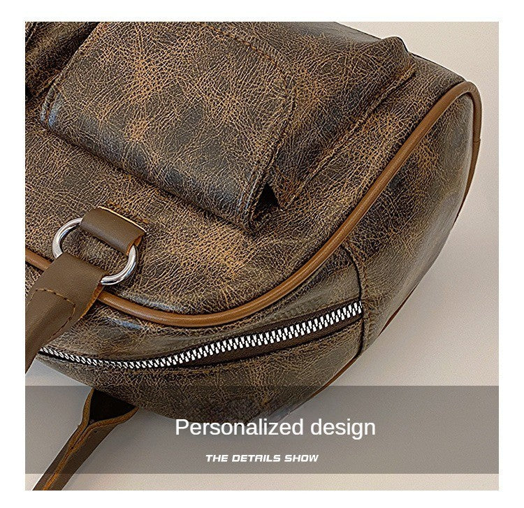 Vintage Y2K Distressed Brown Faux Leather Bowling Bag Double Pocket Shoulder Bag