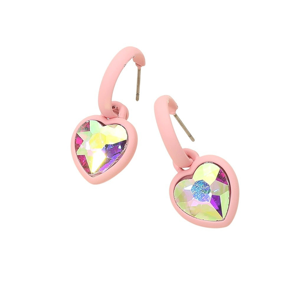 Pink Heart Hoop Earrings with Iridescent Crystal Charms - Pastel Matte Enamel