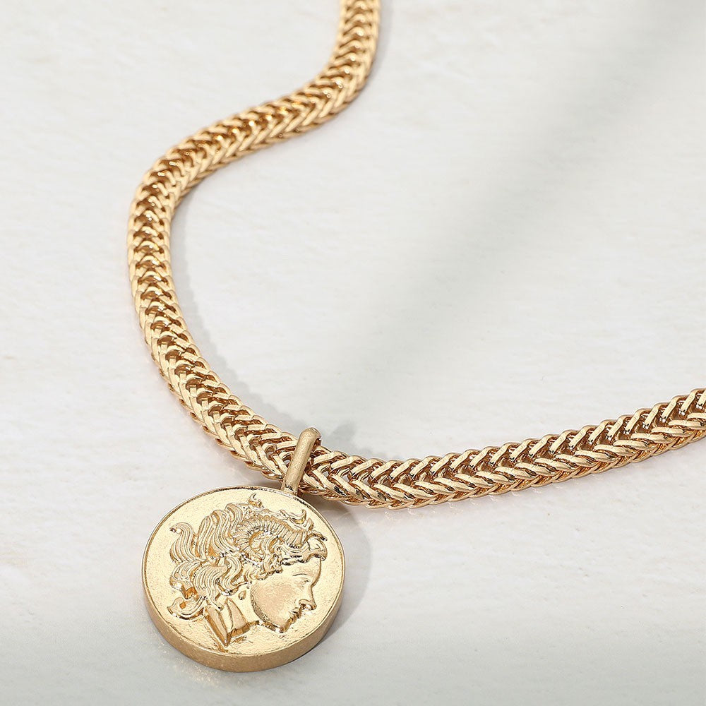 Chunky Gold Coin Pendant Necklace Foxtail Chain Medallion Choker Statement