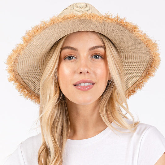 Bohemian Frayed Brim Straw Hat for Women Outdoor Wide Brim Sun Hat Beige