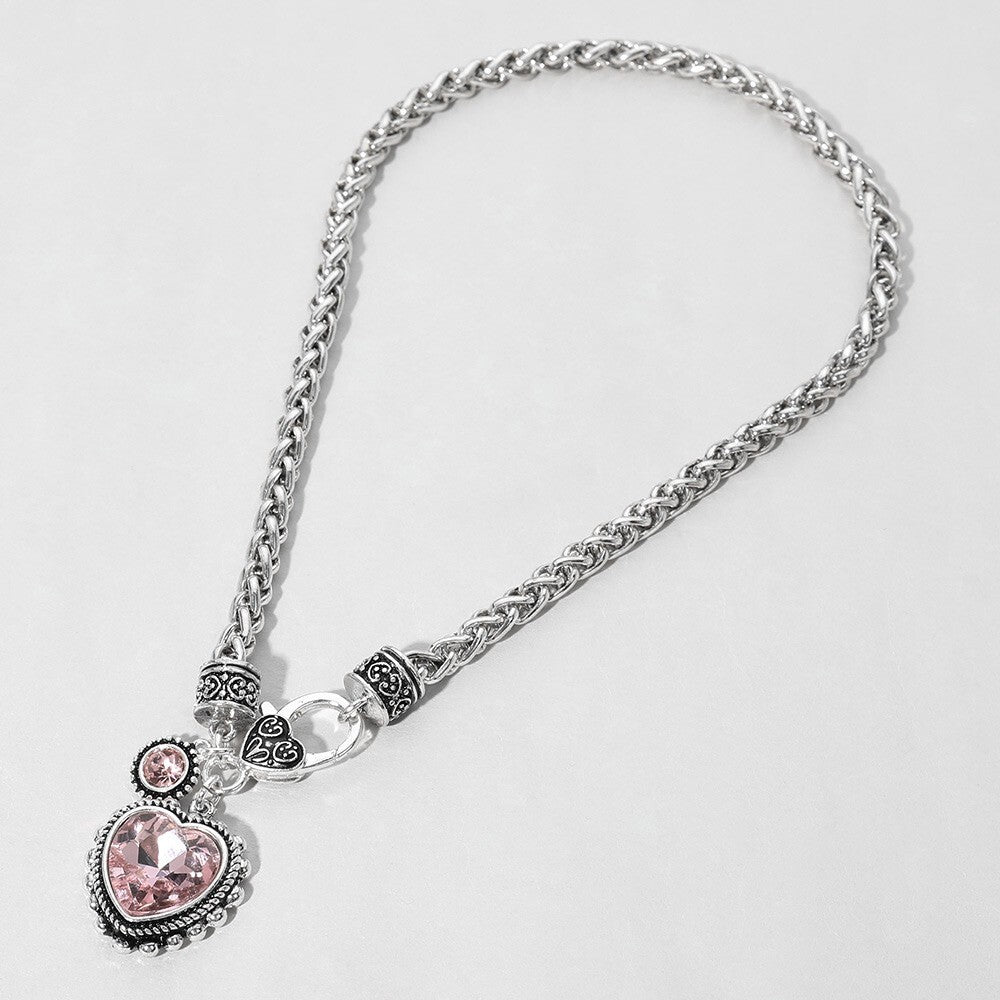 Antique Silver Heart Pendant Necklace with Blue Stone and Braided Chain