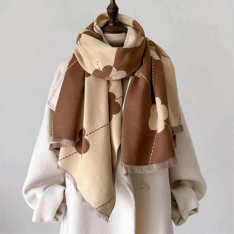 Cashmere Feel Scarf Brown & Beige Floral Daisy Print Oversized Winter Wrap Shawl