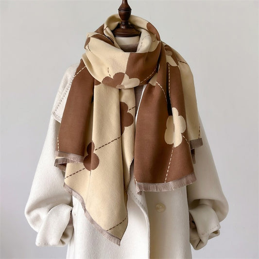 Cashmere Feel Scarf Brown & Beige Floral Daisy Print Oversized Winter Wrap Shawl