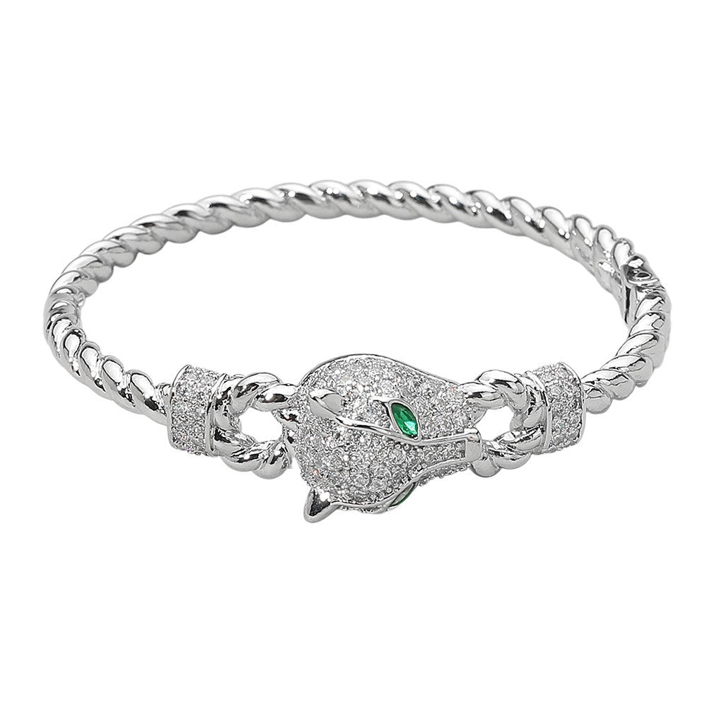 14K Gold Plated CZ Stone Paved Leopard Panther Head Accent Bracelet Hinged Clasp