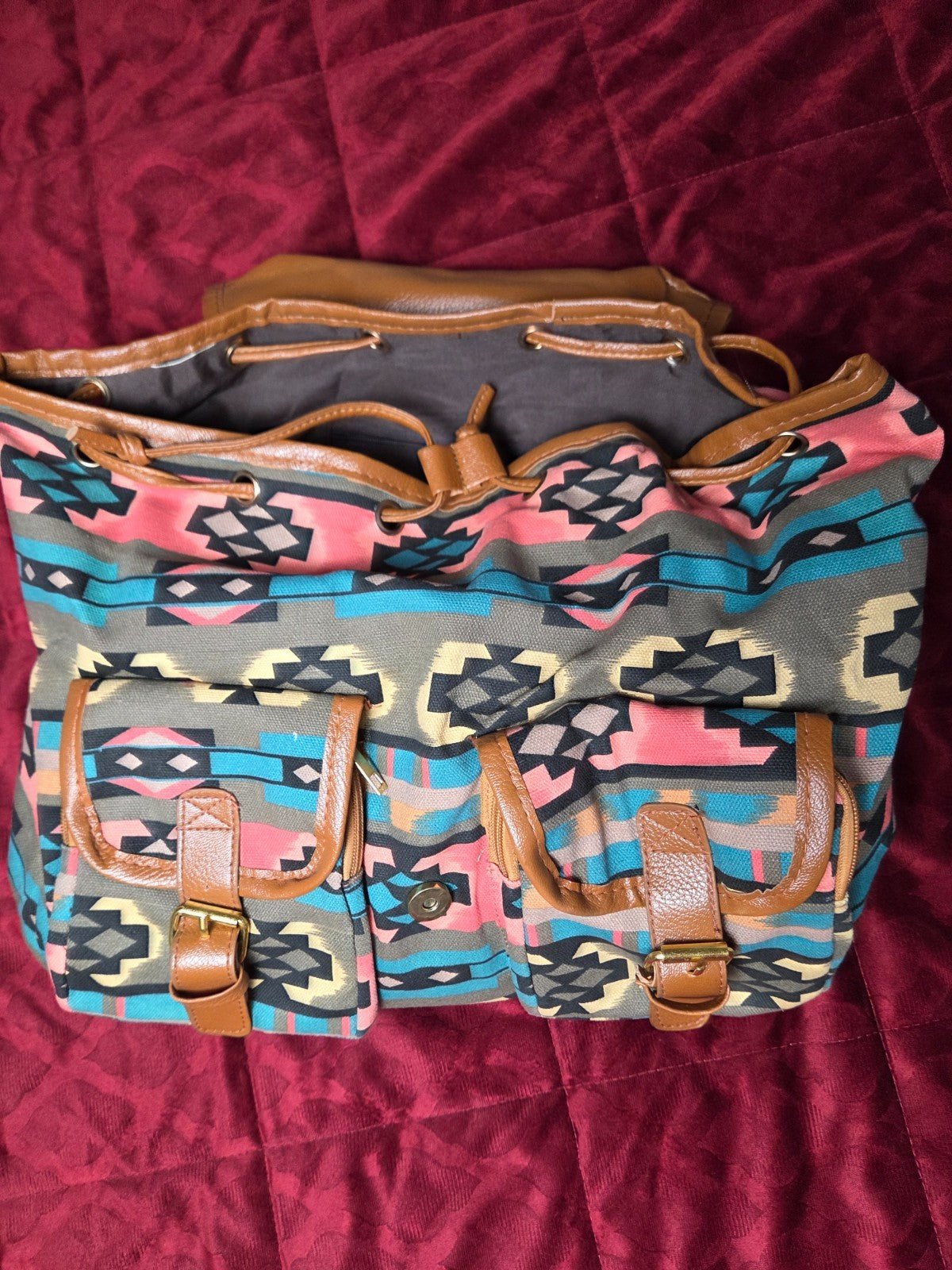 Boho Aztec Print Backpack for Women with Drawstring Top and Snap Front Closure