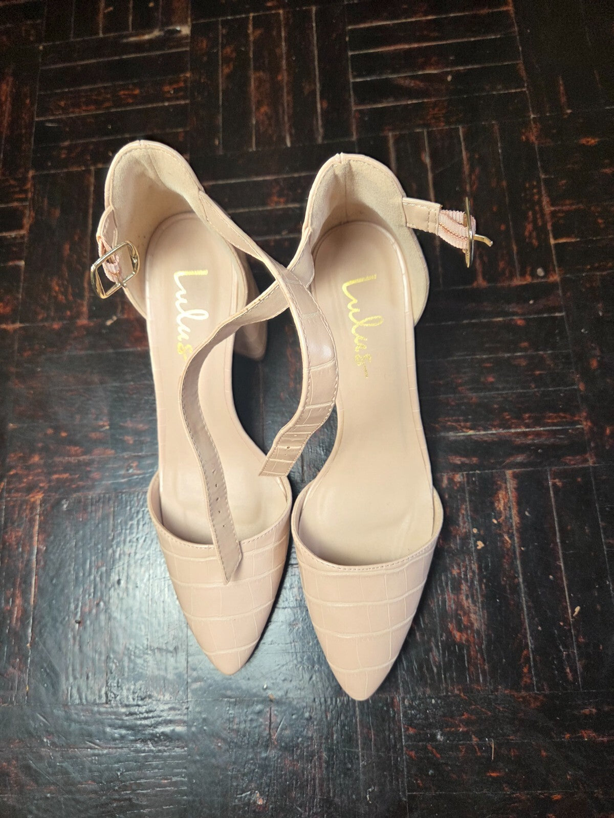 Ellarose Nude Crocodile Ankle Strap Heels for Women Round Toe Platforms  US 6.5