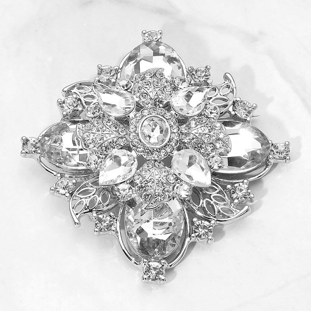 2pcs Vintage Floral Crystal Rhinestone Brooch Pin Set Pink and Silver Jewelry