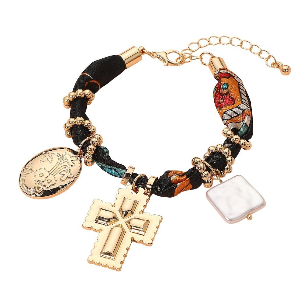Gold Charm Bracelet Black Multicolor Fabric Cross Pearl Floral Boho Adjustable