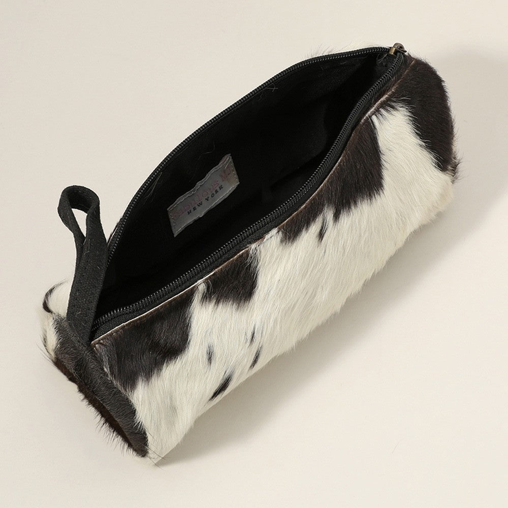 Genuine Hair-on-Hide Cowhide Makeup Bag with Zipper Closure 10" x 5" x 4.5"