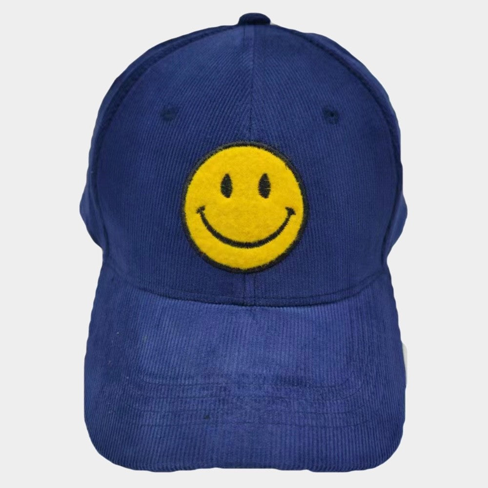 Blue Corduroy Smiley Face Baseball Cap - Vintage Embroidered Happy Face Dad Hat