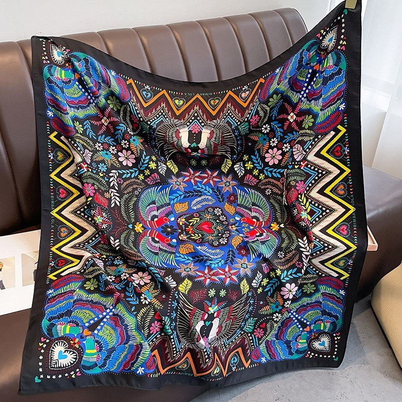 Boho Floral & Bird Print Square Scarf for Women – Multicolor Lightweight Fashion