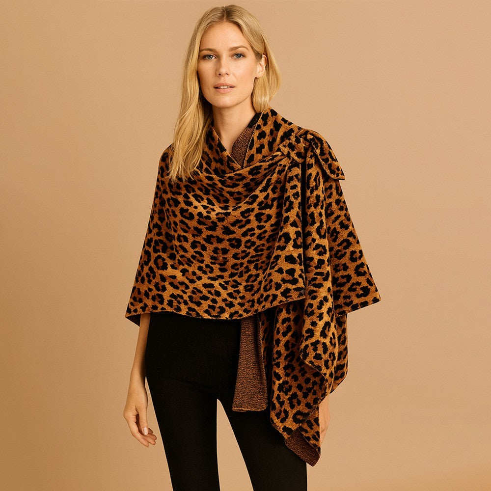Leopard Pattern Animal Printed Knit Ruana Poncho Sleeve Shawl for Women Pullover