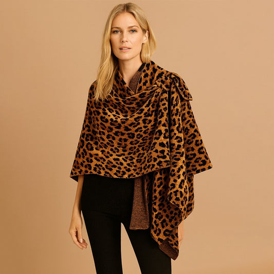 Leopard Pattern Animal Printed Knit Ruana Poncho Sleeve Shawl for Women Pullover