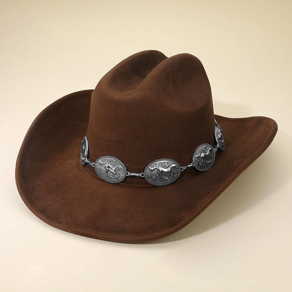 Brown Western Cowboy Hat with Silver Concho Band Rodeo Fedora Costume