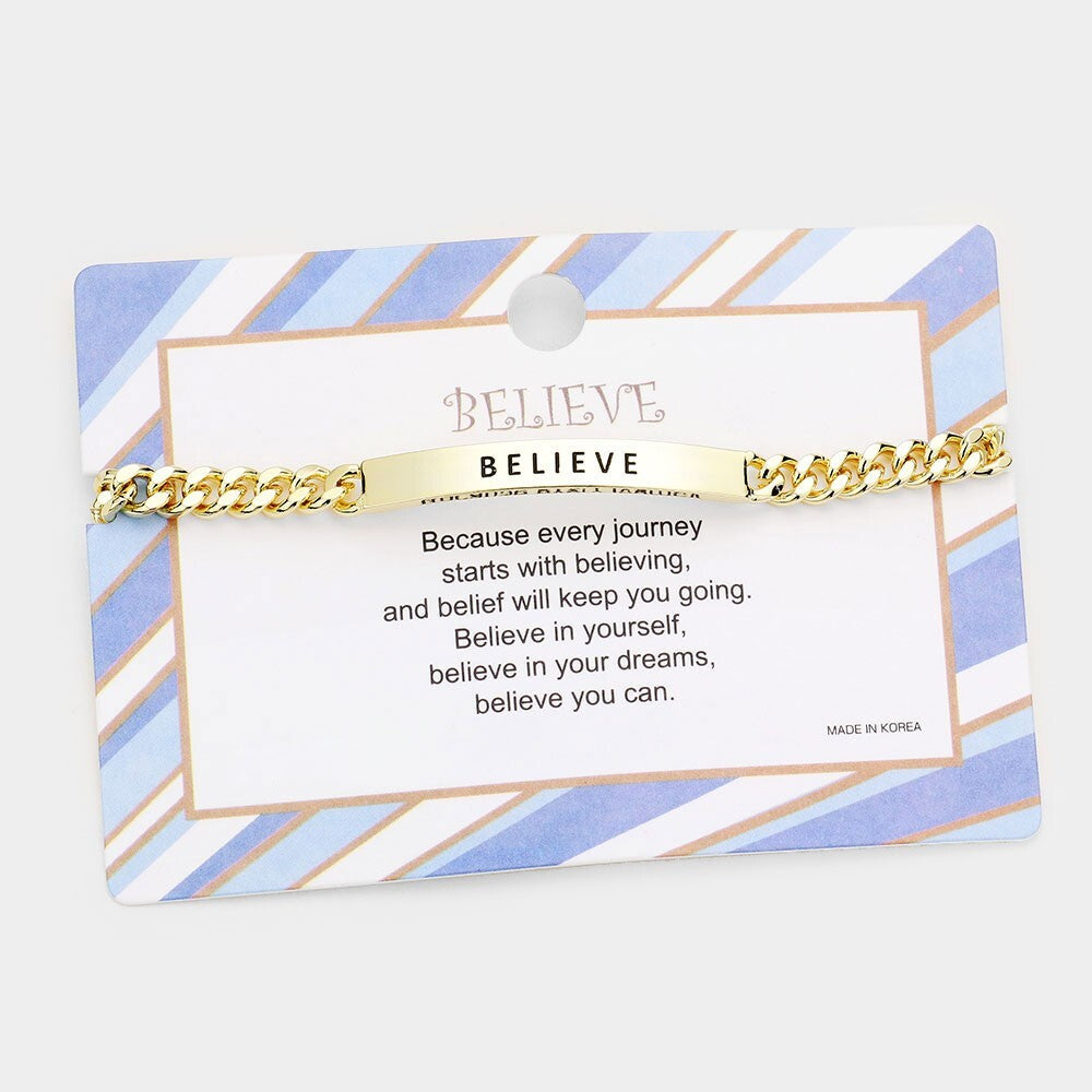 2PCs BELIEVE Message Bar Bracelet Inspirational Curved Metal Cuff Gift for Women