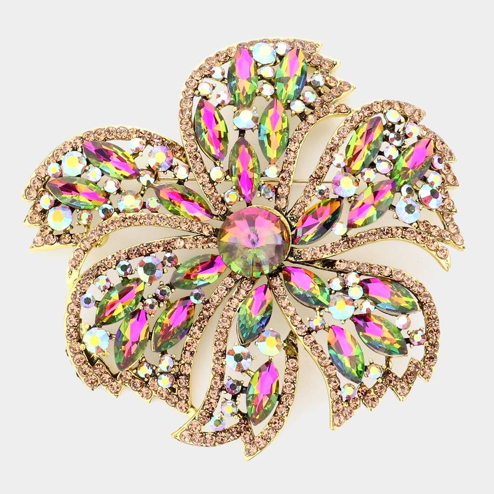 Sparkling AB Crystal Floral Statement Brooch Gold Tone Large Flower Pin 4"