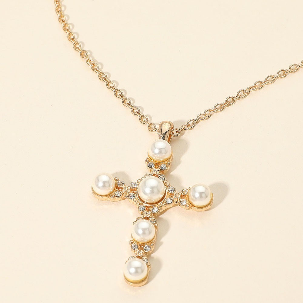 Faux Pearl Cross Pendant Necklace Gold Tone Rhinestone Religious Fashion Jewelry