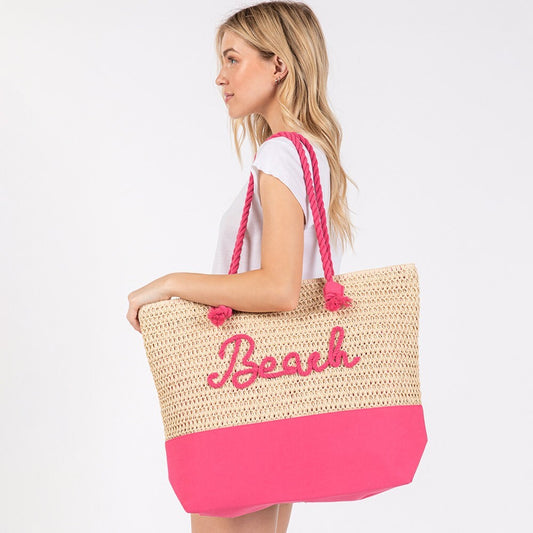 BEACH Embroidered Crochet Tote Bag with Rope Handles Summer Beach Bag Pink