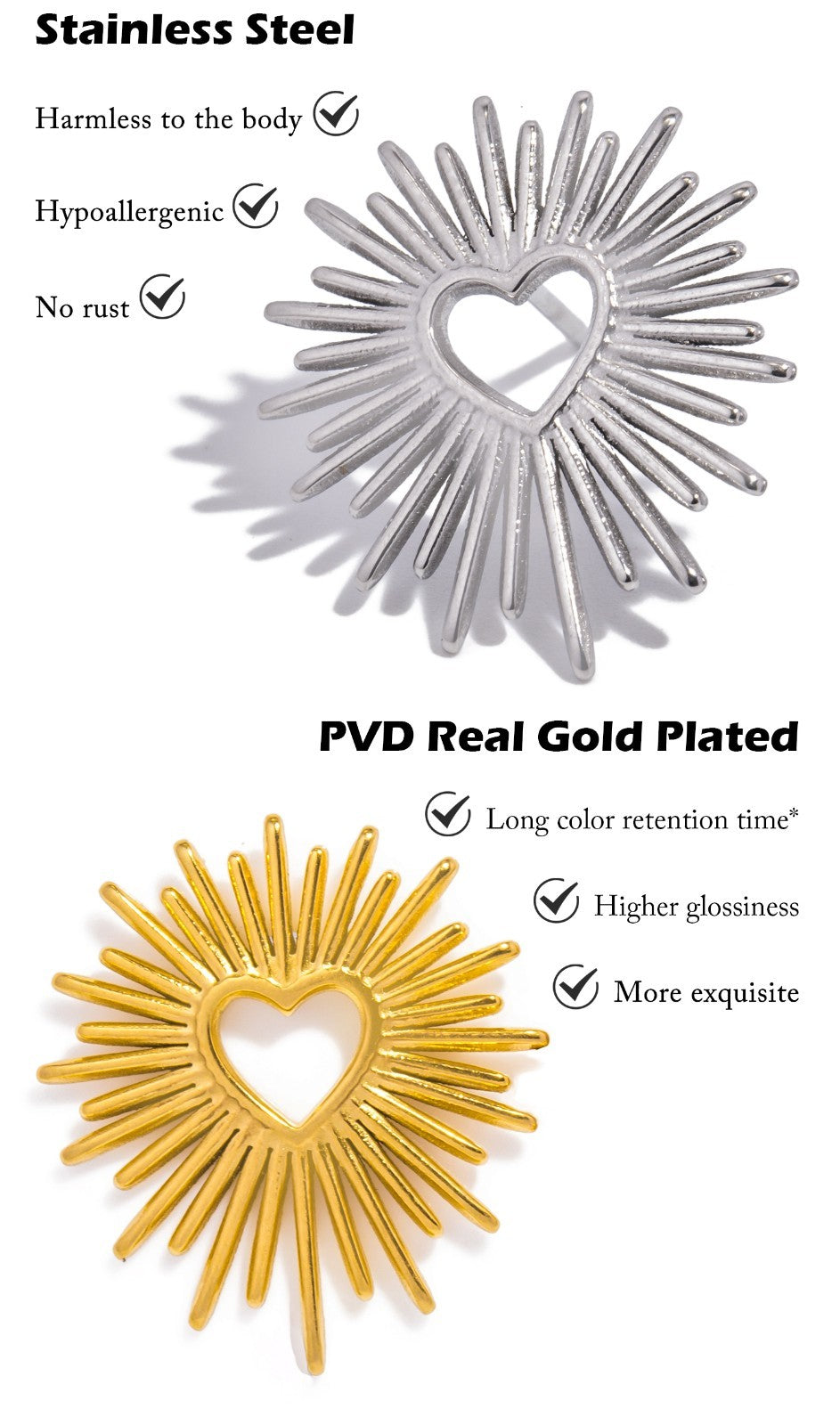 Golden Heart Sunburst Stud Earrings Stainless Steel Plated Hypoallergenic