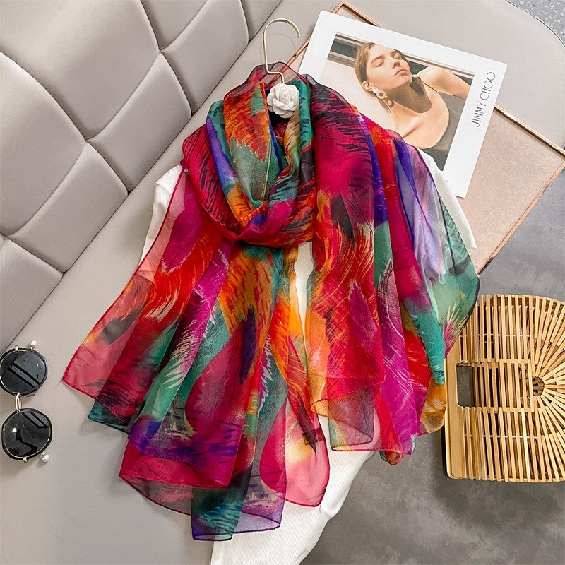 Watercolor Rainbow Sheer Scarf for Women Lightweight Artistic Wrap Shawl Summer