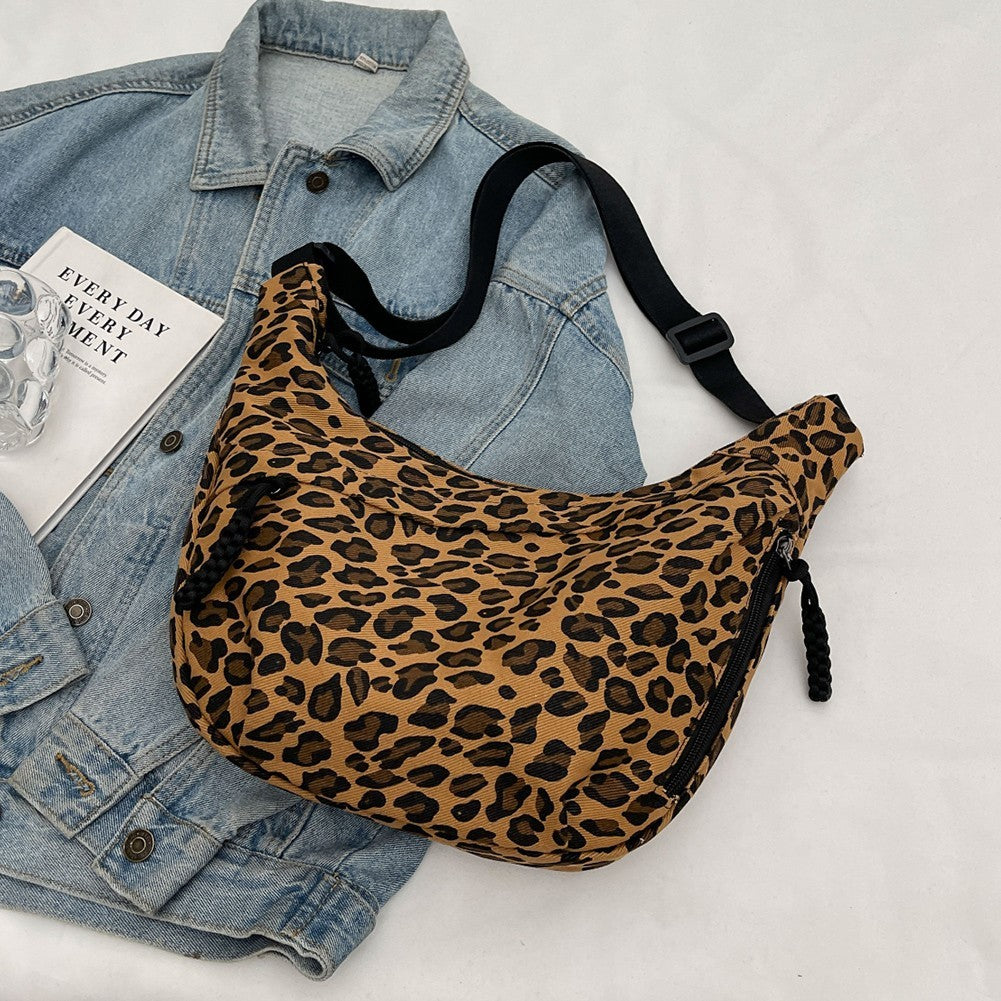 Classic Tan Leopard Print Hobo Bag Slouchy Crescent Crossbody Shoulder Purse