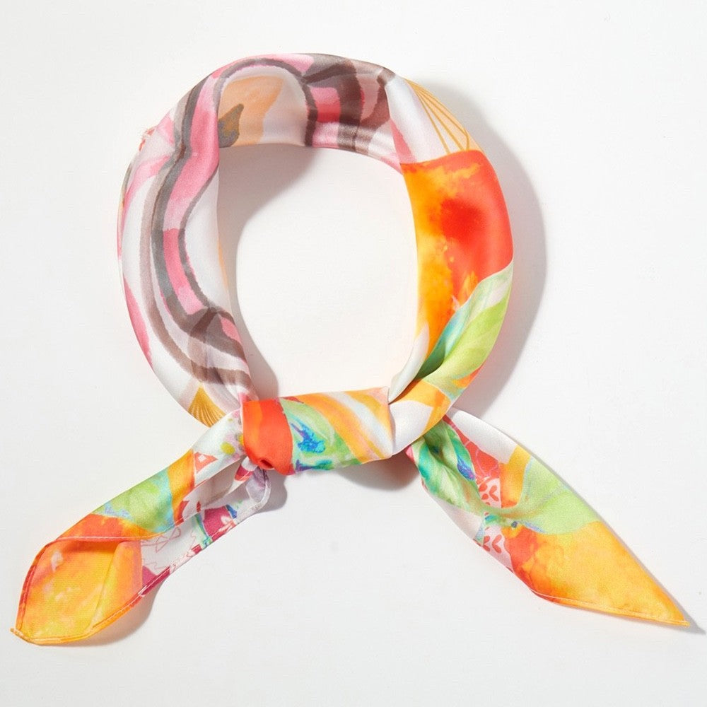 Pink and Orange Mediterranean Citrus Print Square Silk-Like Neck Scarf 27.5"