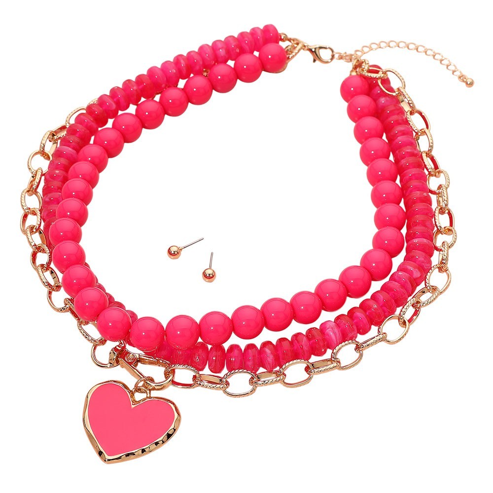 Neon Pink Beaded Layered Heart Charm Choker Necklace Stud Earrings Set