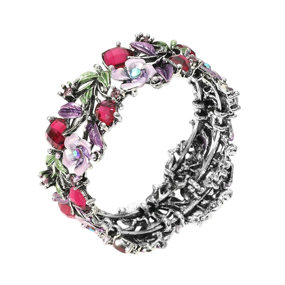Set of 2 Wide Floral Enamel Rhinestone Hinged Bangle Bracelet Red Purple