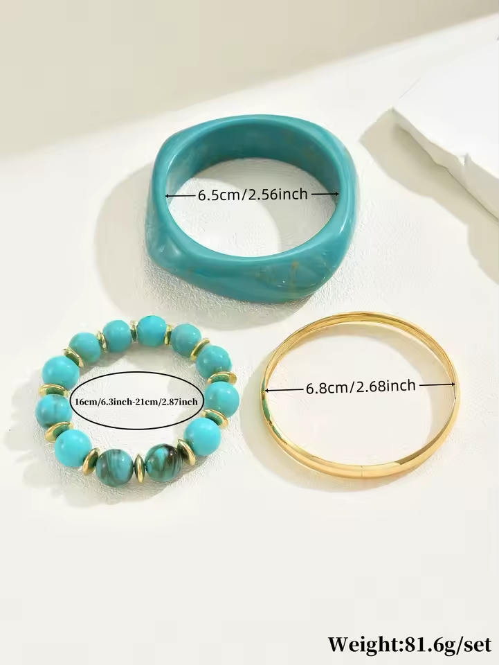 3pcs Turquoise Blue Bangle Bracelet Set Resin Beaded Gold Tone Fashion Jewelry