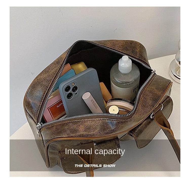 Vintage Y2K Distressed Brown Faux Leather Bowling Bag Double Pocket Shoulder Bag