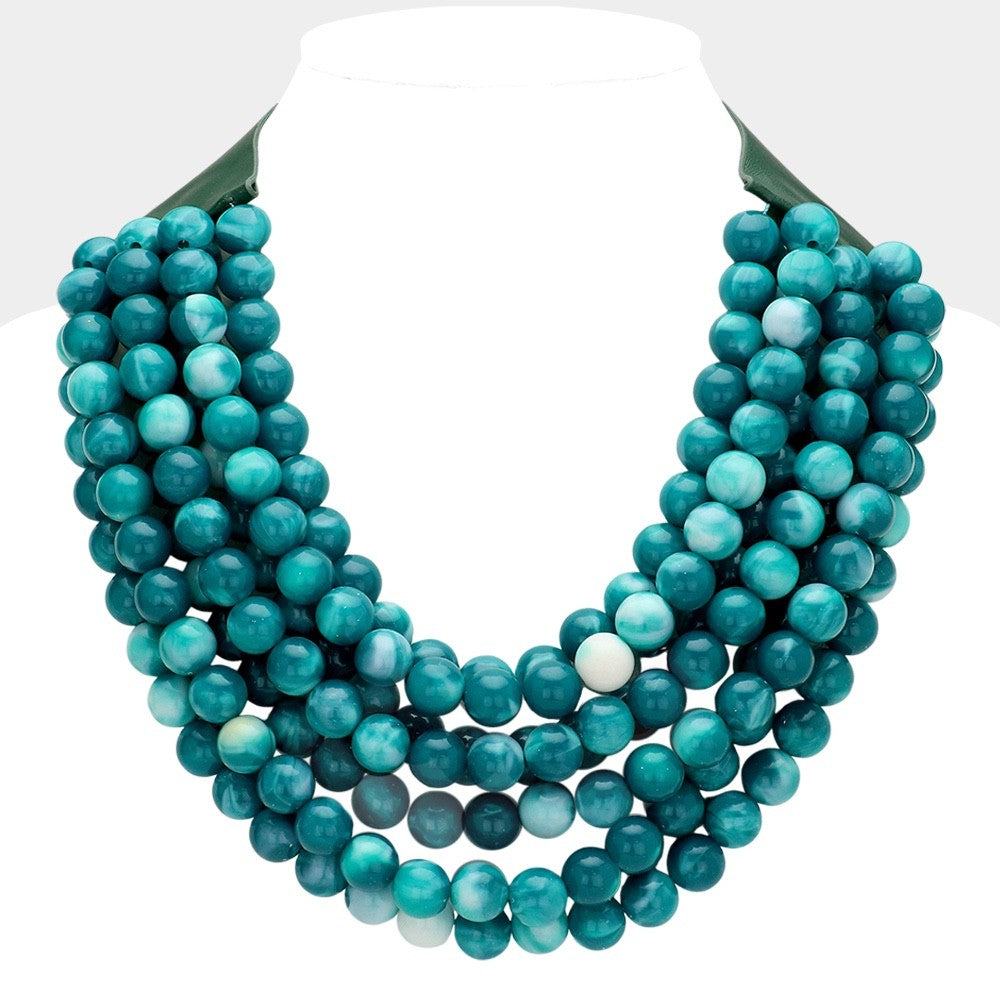 Teal Green Multi-Strand Marbled Bead Bib Necklace with Faux Leather Trim