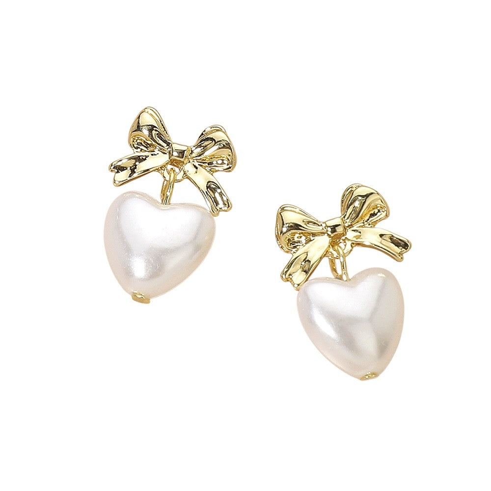 Gold Bow and Pearl Heart Drop Earrings - Romantic Coquette Style Jewelry