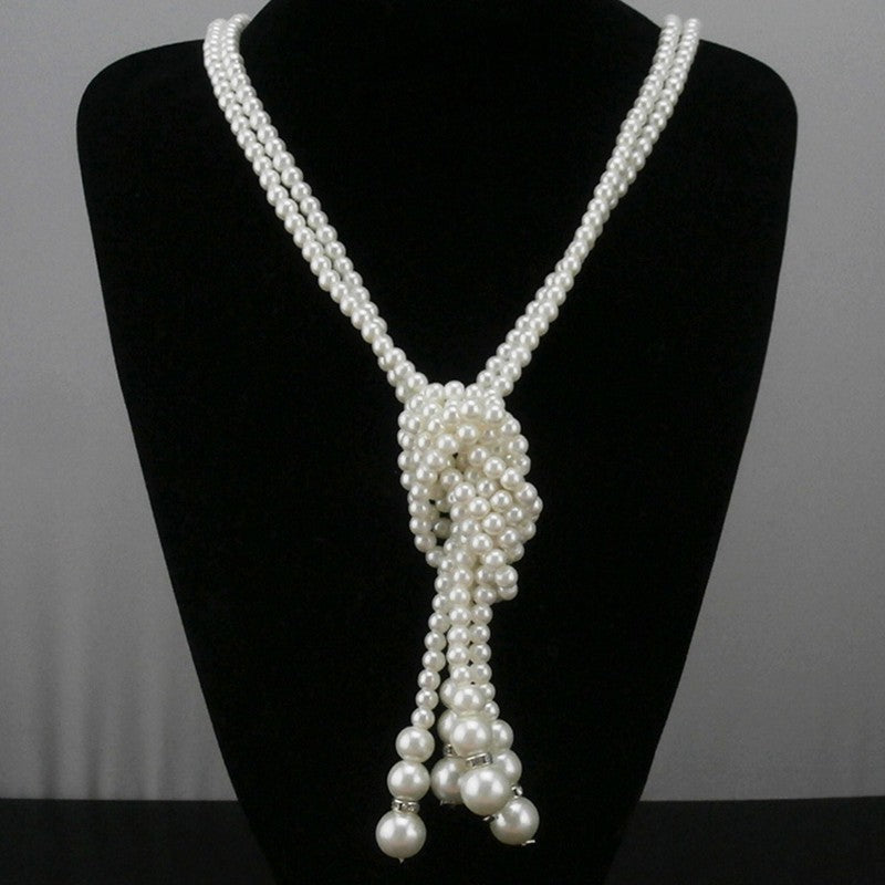 Faux Pearl Long Tassel Statement Necklace Knot Layered Sweater Chain Wedding