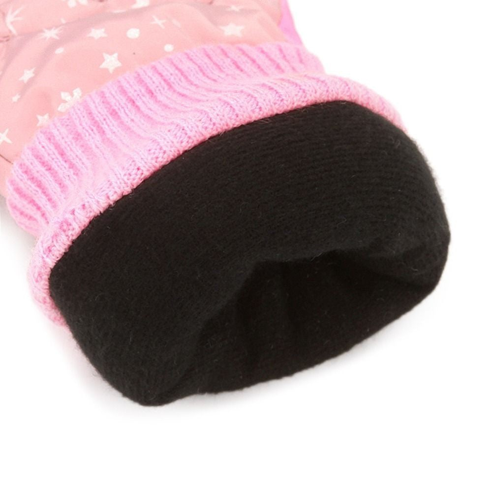 Kids Pink Ski Gloves Warm Fleece Lined Waterproof Snowboard Star Rose Pattern