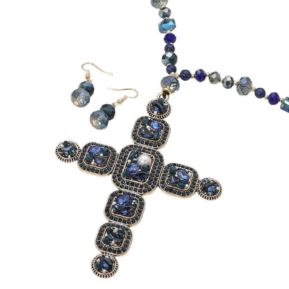Stone Pearl Embellished Cluster Cross Pendant Faceted Beaded Long Necklace