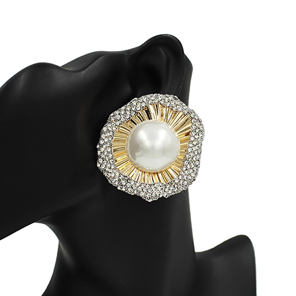 Women's Fashion Pearl Accent Rhinestone Flower Round Stud Earrings Gold Ivory