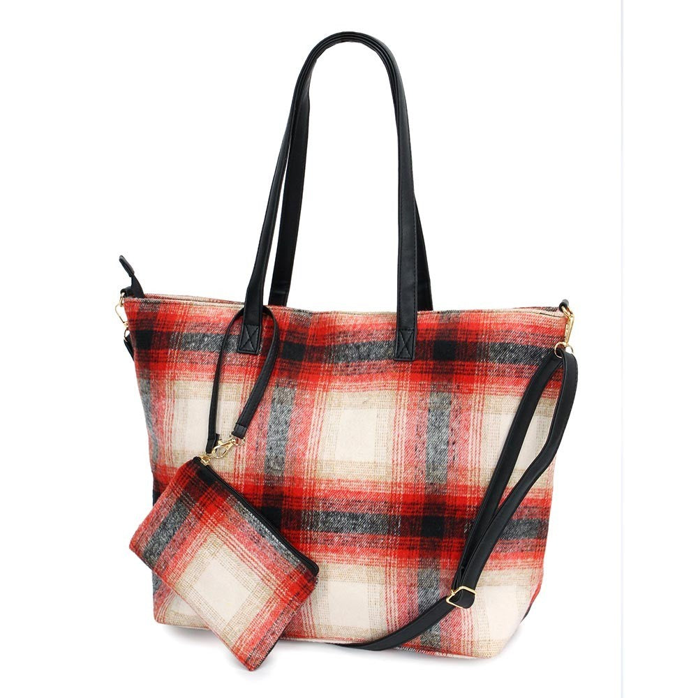 Women's Plaid Check Weekend Tote Bag Adjustable Detachable Straps Zipper Red