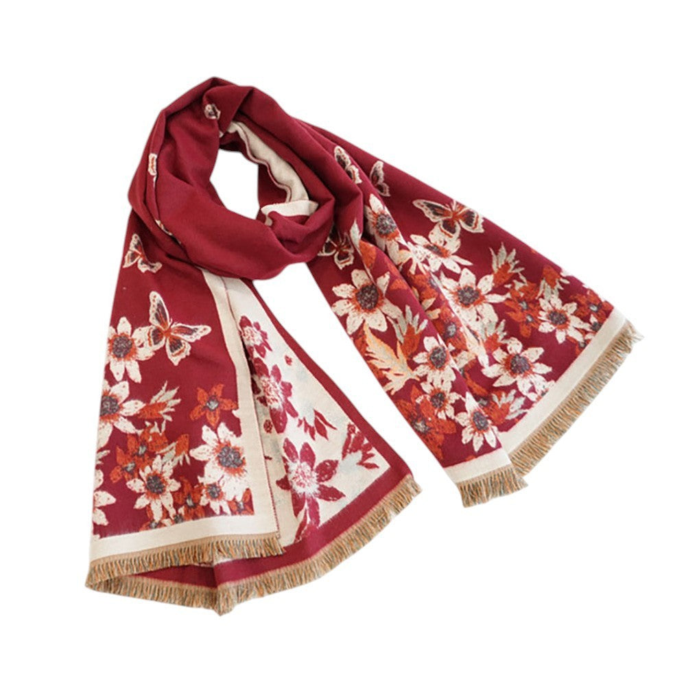 Burgundy Floral Butterfly Print Scarf Shawl Wrap Fringe Winter Fall Gift