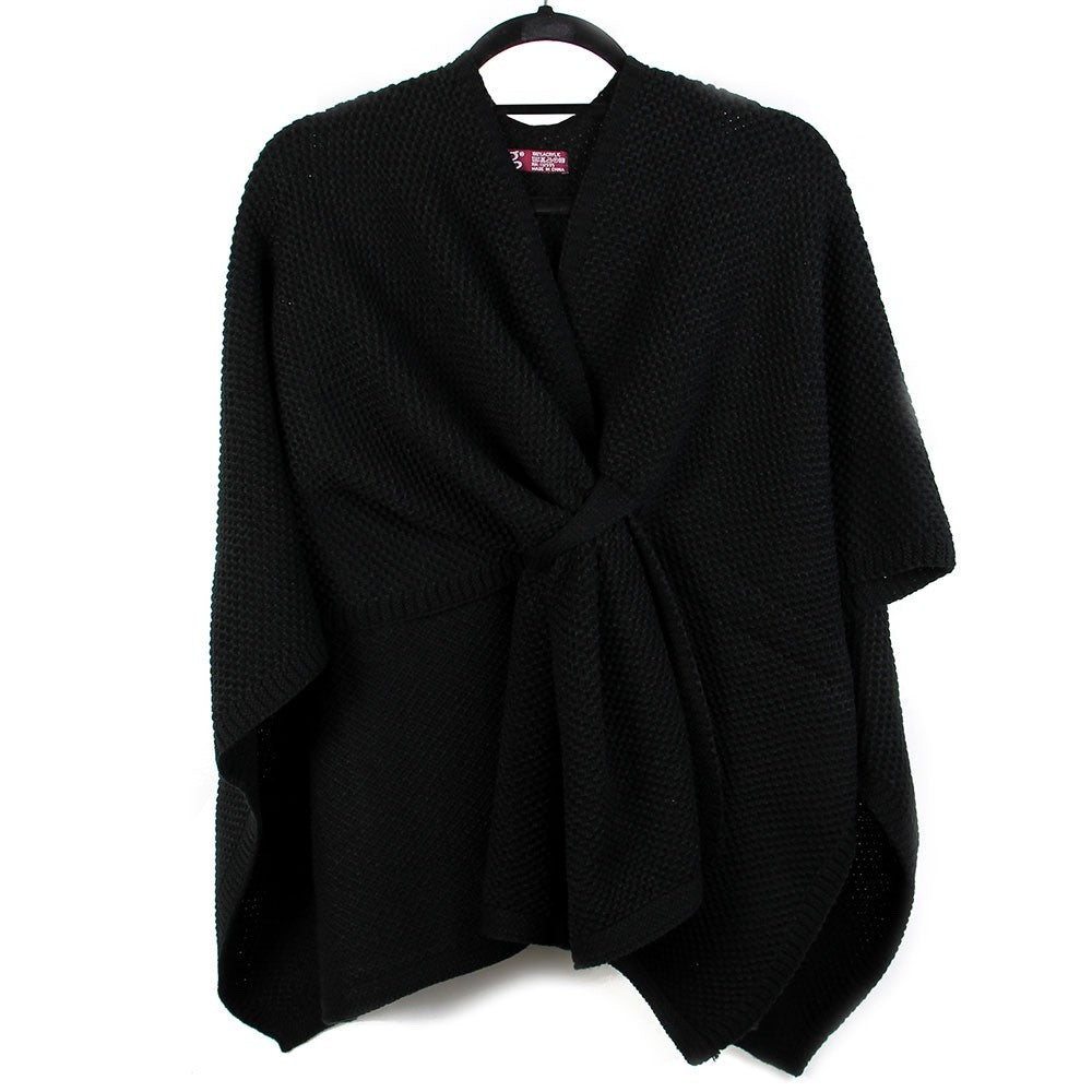 Black Waffle Knit Twist Front Poncho Wrap Cardigan Sweater Shawl Fall Fashion