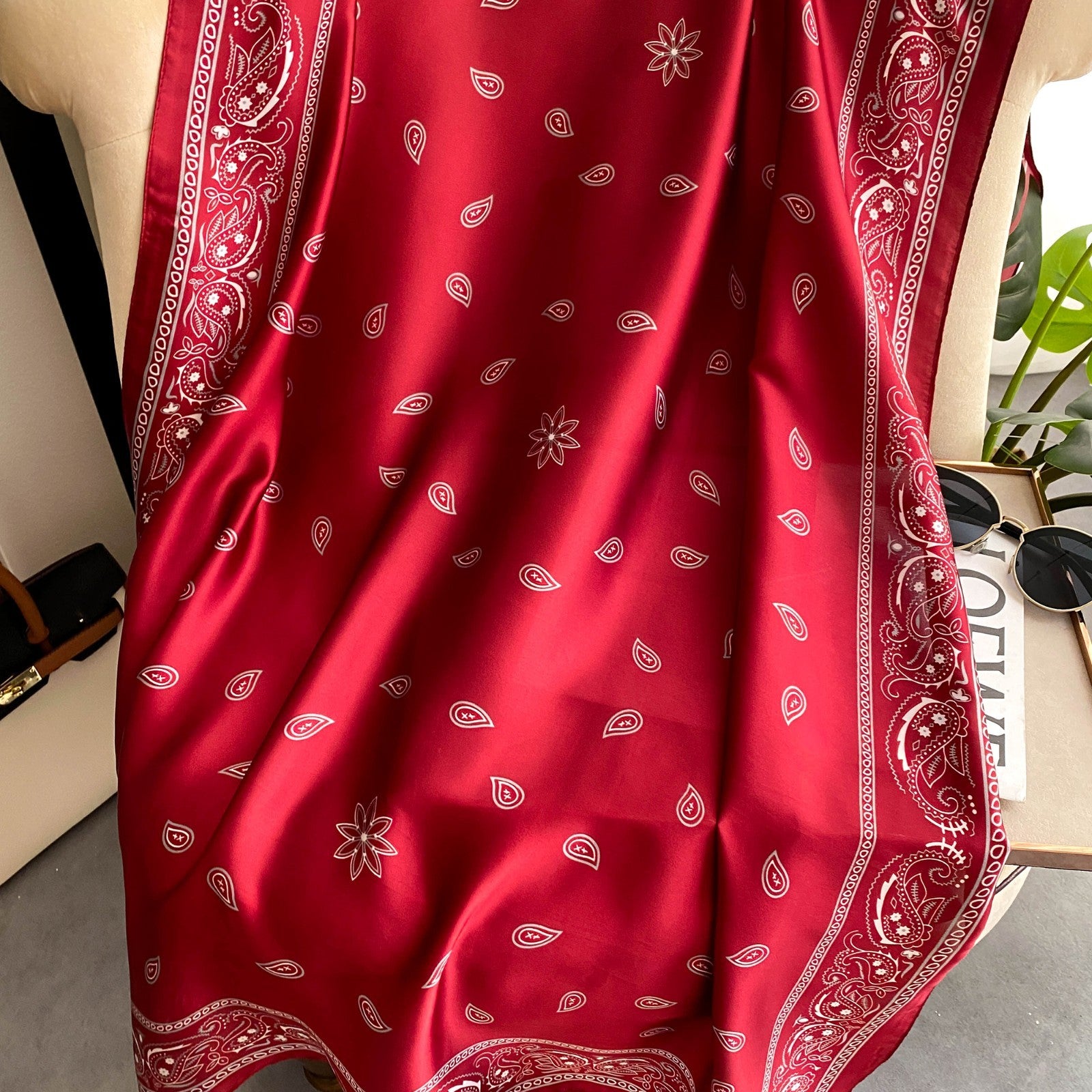 Luxury Red Paisley Bandana Scarf Silk-Feel Large Square Satin Wrap Cowboy Print