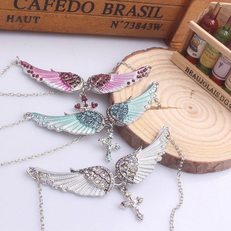 Rhinestone Angel Wing Cross Necklace Gift Set 3 Pcs Pink Blue Silver Jewelry