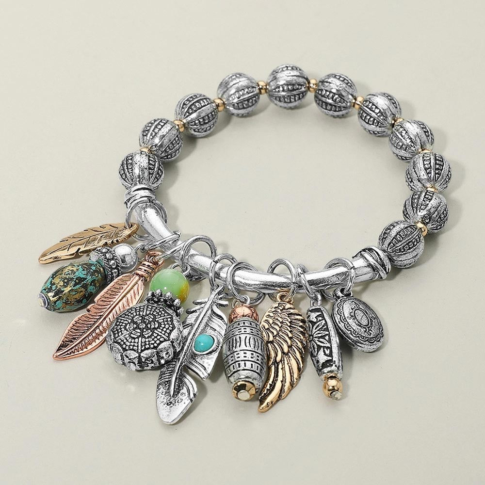 Boho Antique Silver Multi-Charm Feather Wing Beaded Stretch Statement Necklace
