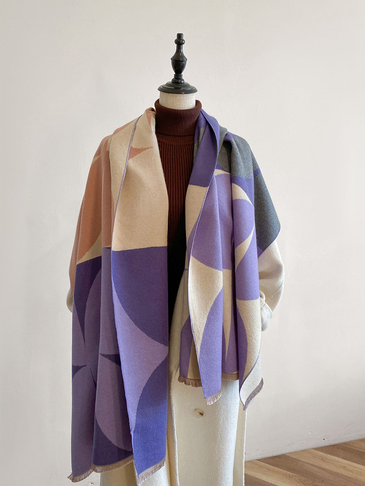 Geometric Pattern Oversized Cashmere Feel Shawl Wrap Purple Beige