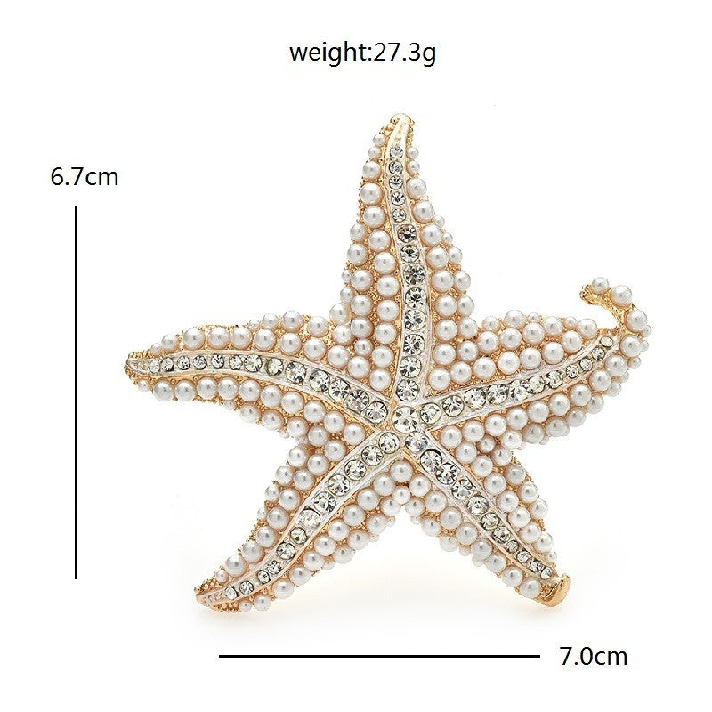Gold Tone Starfish Brooch Pin Faux Pearl Rhinestone Coastal Nautical Jewelry