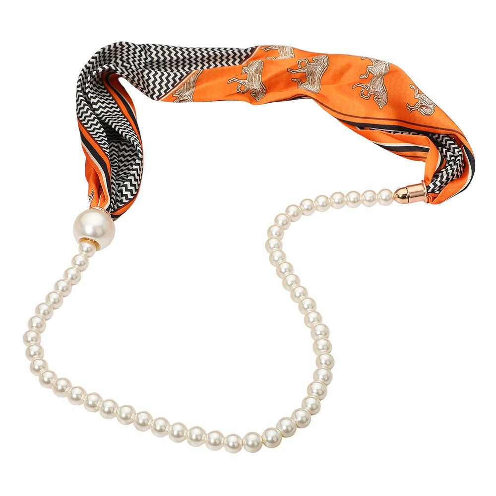Orange Equestrian Pattern Scarf & Faux Pearl Beaded Statement Fashion Necklace